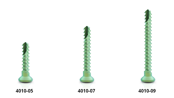 [Translate to Fanzösisch:] Three lengths of titanium microscrews, diameter 1.0 mm, green anodized